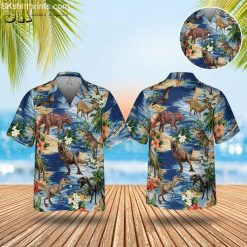 Men's dinosaur Hawaiian shirt with tropical print design in vibrant colors