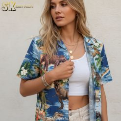 Size chart and specifications for dinosaur Hawaiian shirt showing measurements