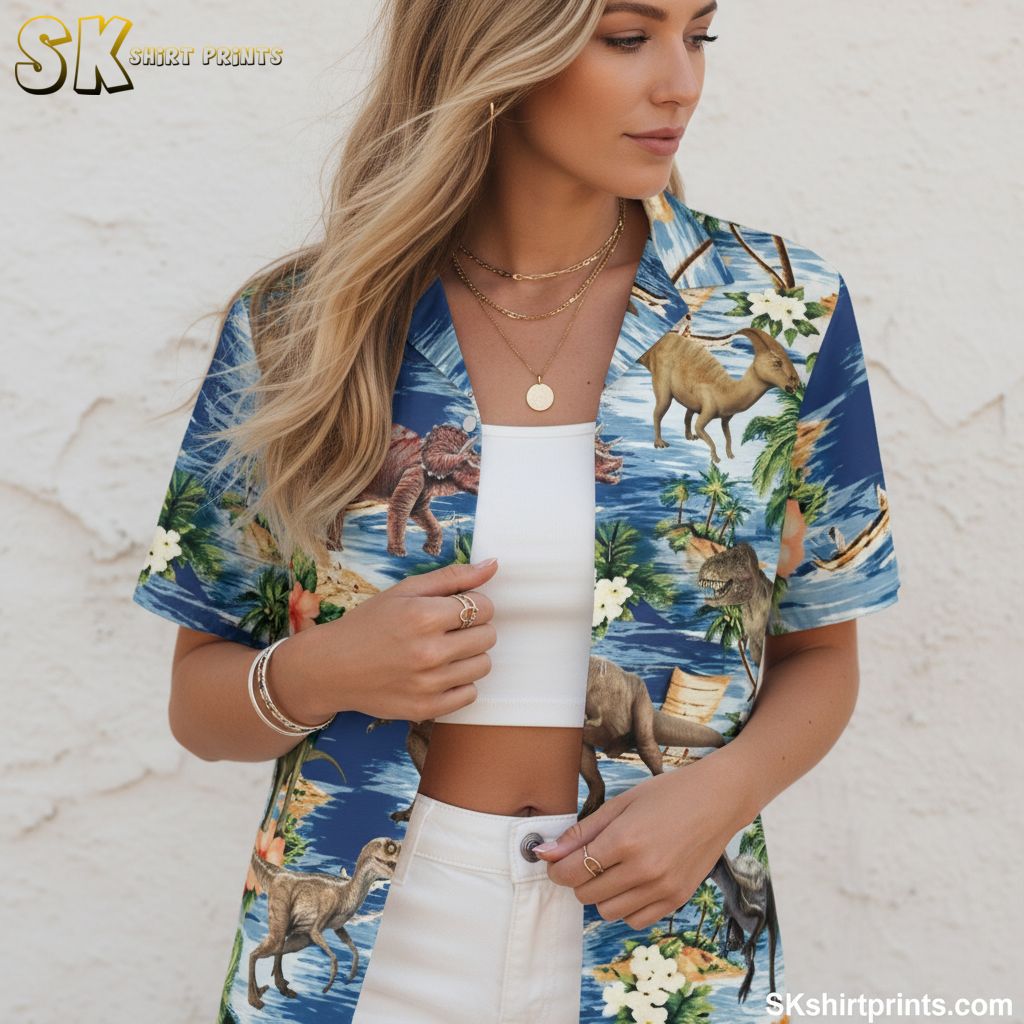 Size chart and fabric specifications infographic for Hawaiian shirt with dinosaurs showing measurements and features