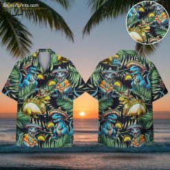 Dinosaur Hawaiian shirt with tropical print design featuring colorful dinosaurs on vacation theme background
