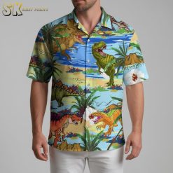 Dinosaur hawaiian shirt with tropical background featuring colorful dinosaur graphics and palm leaves