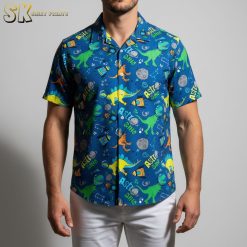 Blue dinosaur Hawaiian shirt with vintage tropical print and button-up front