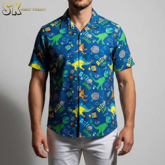 Blue dinosaur Hawaiian shirt with vintage tropical print and button-up front