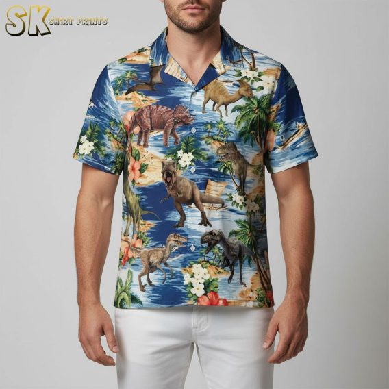 Male model in dinosaur print Hawaiian shirt posed casually outdoors in relaxed lifestyle photo