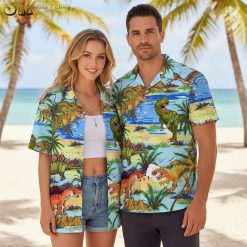 Dinosaur print shirt with tropical design elements and Hawaiian button down styling