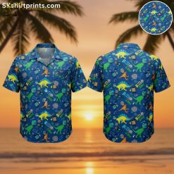 Dinosaur print shirt with tropical Hawaiian design featuring colorful prehistoric patterns