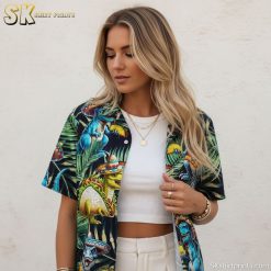 Dinosaur shirt mens sizing specifications chart showing measurements and fit details for all available sizes