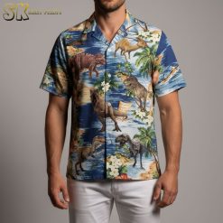 Casual men's dinosaur shirt with tropical summer design and relaxed fit