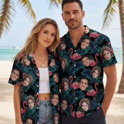 Person wearing lightweight Hawaiian shirt in vacation beach setting with palm trees background