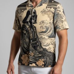 Male model showcasing Disney Star Wars Aloha shirt with character prints in relaxed lifestyle pose