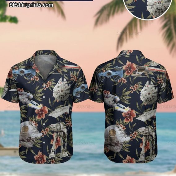 Male model wearing disney star wars hawaiian shirt in casual lifestyle setting with tropical background