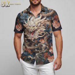 Male model in dungeons and dragons themed Hawaiian shirt posing confidently