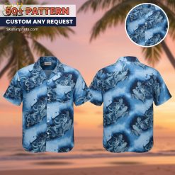 Male model wearing dragon print Hawaiian shirt in casual lifestyle setting outdoors