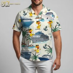 Custom Donald Duck Hawaiian shirt with cartoon duck characters, cruise ships and tropical maritime theme