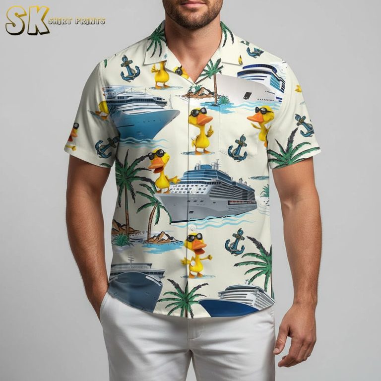 Cruising Duck Hawaiian Shirt – Cartoon Ducks Cruise Ship Pattern Button Down Shirt for Men