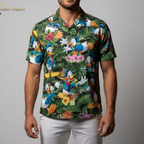 Donald Duck Hawaiian shirt with animated duck characters and tropical floral pattern in bright colors