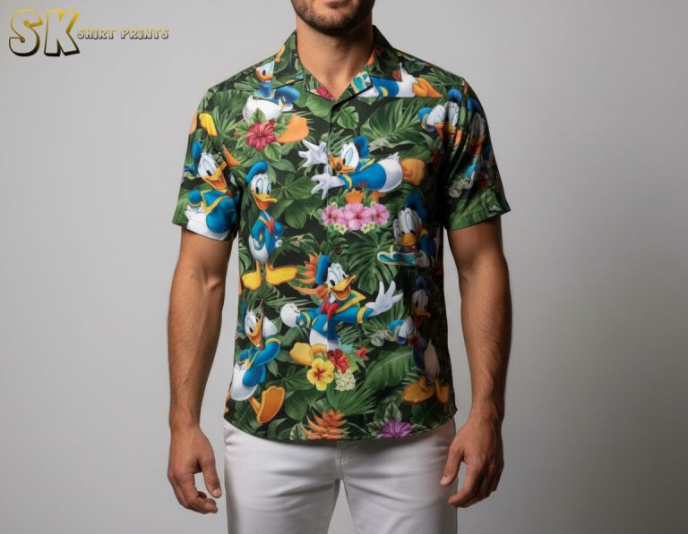 Men’s Donald Duck Hawaiian Shirt – Tropical Duck Paradise Button Up Aloha Shirt for Summer Beach Vacation