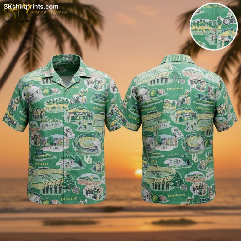 Men’s Oregon Ducks Hawaiian Shirt – Green Duck Print Button Up Aloha Shirt