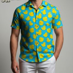 Close-up detail view of Donald Duck Hawaiian shirt showing fabric quality and duck print pattern