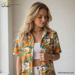 Donald Duck Hawaiian shirt size chart and product specifications display