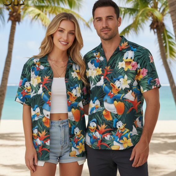 Product specifications and sizing chart for Donald Duck shirts for men