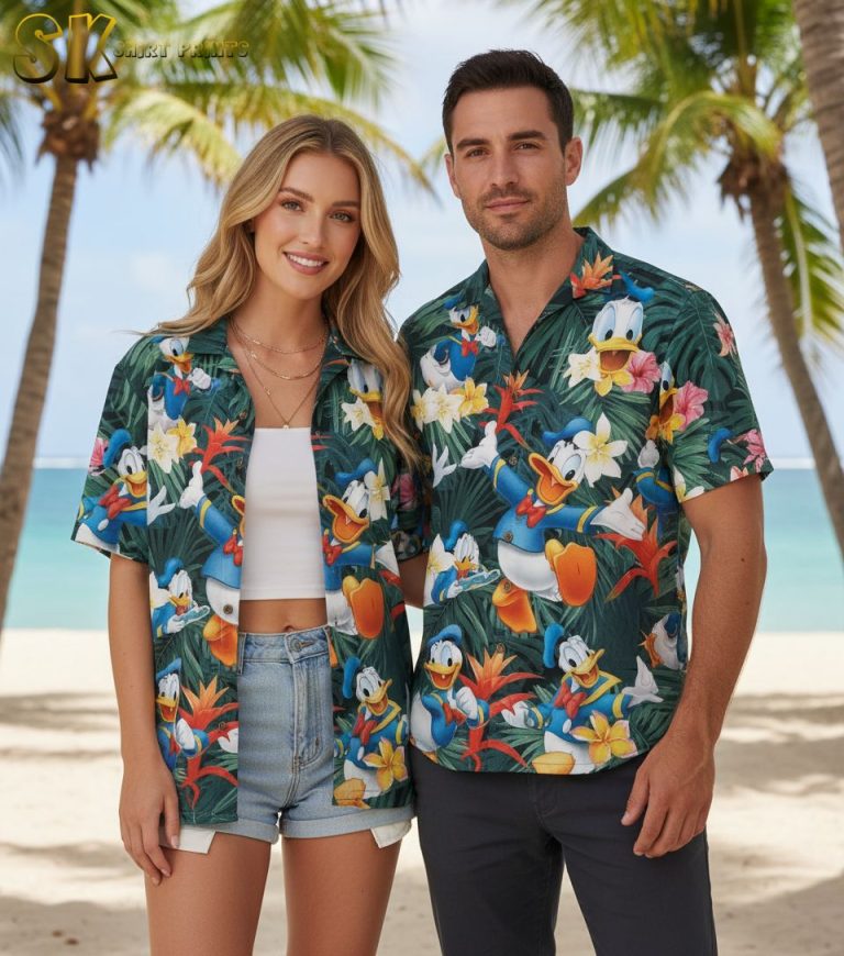 Men’s Donald Duck Hawaiian Shirt – Disney Character Tropical Button Up Aloha Shirt Summer Beach Vacation