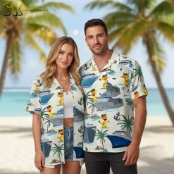 Men's Donald Duck Hawaiian shirt with cartoon ducks, palm trees, cruise ships and nautical anchor pattern