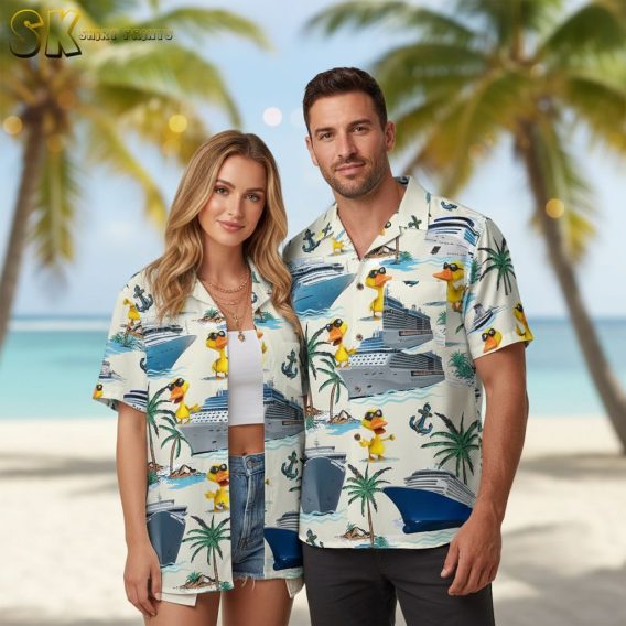 Men's Donald Duck Hawaiian shirt with cartoon ducks, palm trees, cruise ships and nautical anchor pattern