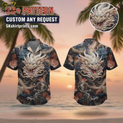 Man wearing dragon print aloha shirt in casual lifestyle setting outdoors