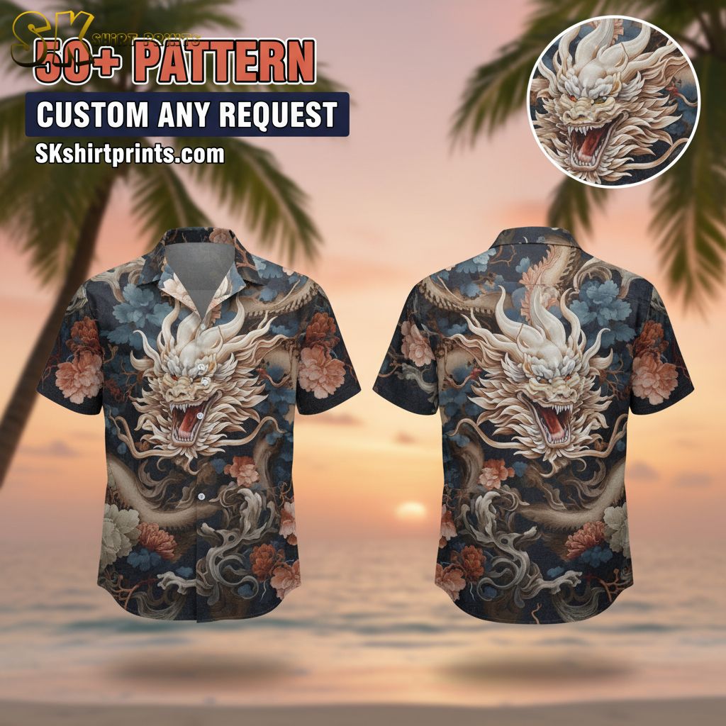 Man wearing dragon print aloha shirt in casual lifestyle setting outdoors