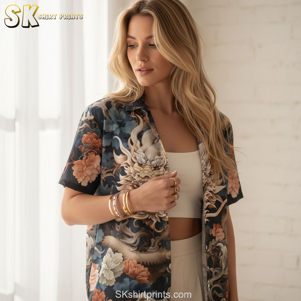 Size chart and fabric details infographic showing dragon quest aloha shirt specifications