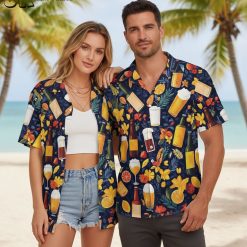 Drinking Hawaiian shirts collection showing beer bottles and tropical leaves pattern design