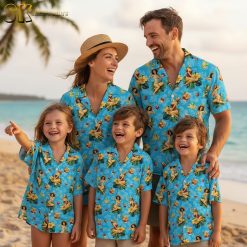 Collection of drinking Hawaiian shirts showing multiple color variations with tropical bar and cocktail themed designs