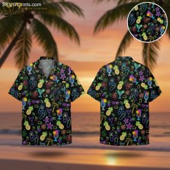 Drinking Hawaiian shirts with vibrant tropical cocktail and pineapple print on black background