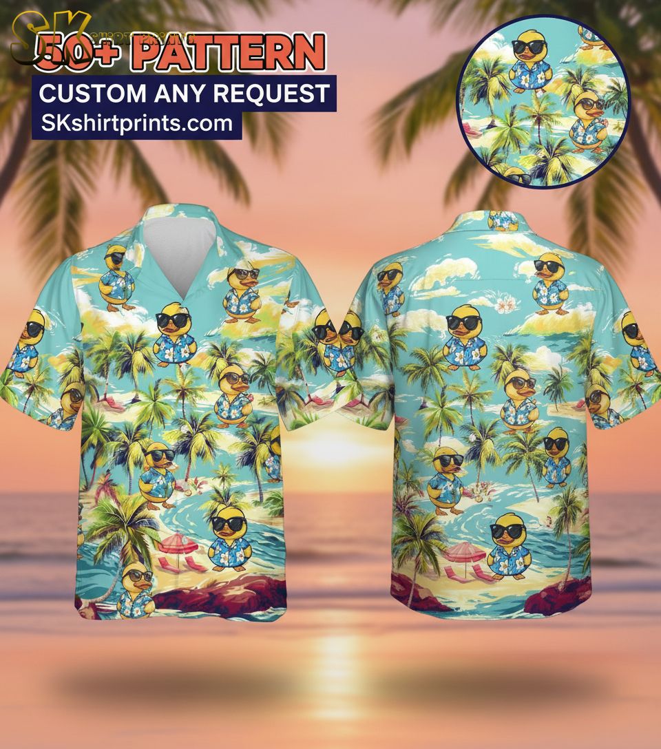 Male model wearing duck pattern Hawaiian shirt in casual lifestyle setting with tropical background