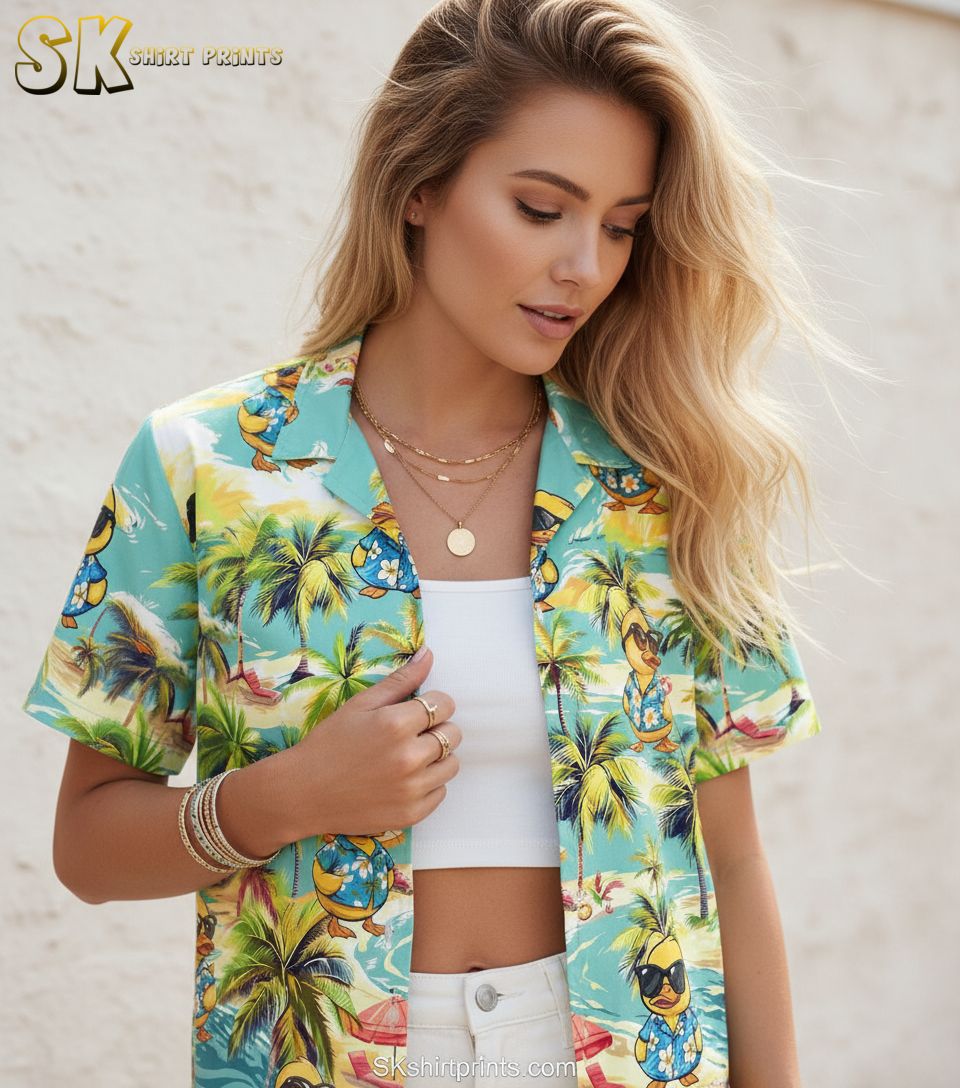 Product specifications infographic showing Donald Duck Aloha shirt size chart and fabric care details