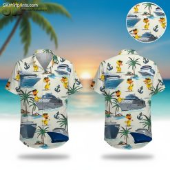 Duck Hawaiian shirt featuring cartoon ducks with sunglasses, cruise ships, palm trees and nautical anchors on tropical background