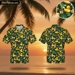 Duck Hawaiian shirt with yellow rubber ducks, white flowers and green tropical leaves pattern