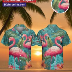 Male model wearing personalized Hawaiian shirt with face print and pink flamingo pattern in lifestyle setting