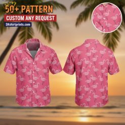 Male model wearing personalized Hawaiian shirt with face photos and pink flamingo pattern in lifestyle setting