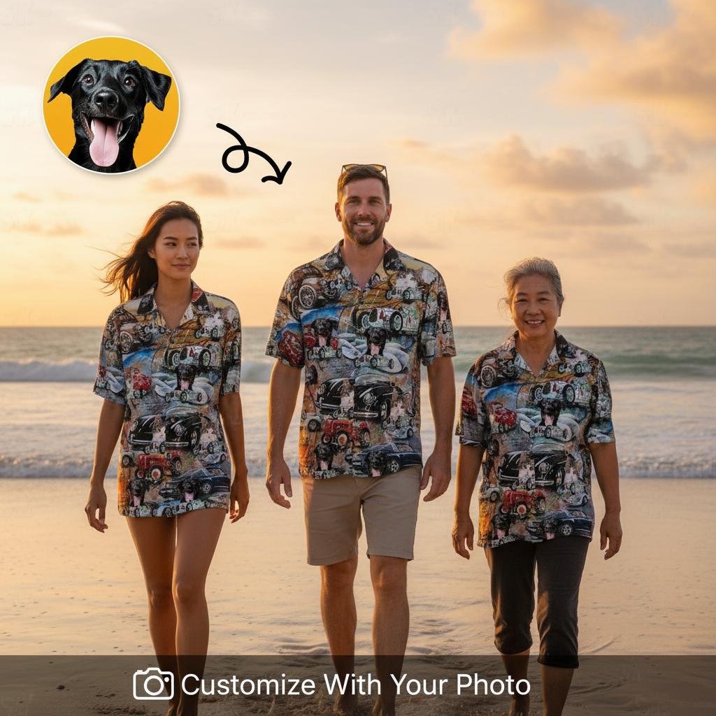 Family matching tesla hawaiian shirt group wearing custom car designs at beach Three people wearing matching tesla hawaiian shirt car designs standing in shallow beach water