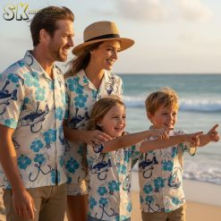 Fish Hawaiian shirt collection showing various blue tropical fish and hibiscus patterns