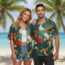 Fish Hawaiian shirt displaying artistic koi pattern with red and white fish on green tropical background