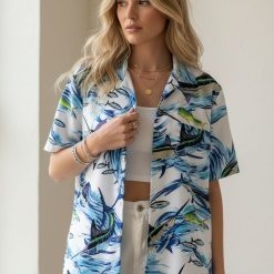 Fish Hawaiian shirt size chart and specifications showing material and fit details
