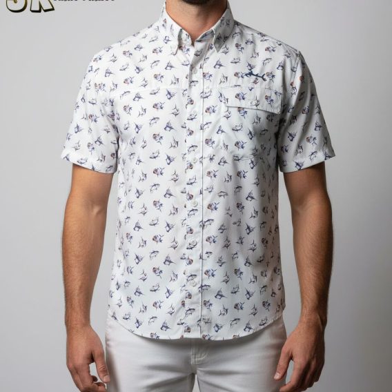 Fish Hawaiian shirt with tropical ocean fish design in vibrant colors on cotton fabric