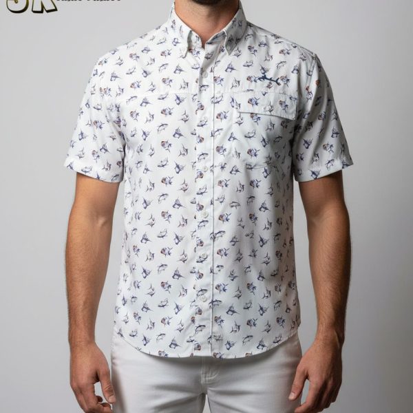 Fish Print Hawaiian Shirt Men's Cotton Button Down Ocean Sea Tropical Fishing Shirt