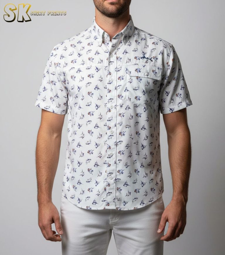 Fish Print Hawaiian Shirt Men’s Cotton Button Down Ocean Sea Tropical Fishing Shirt