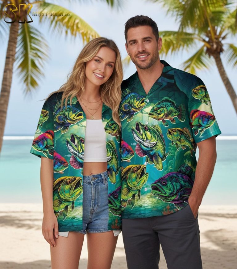 Men’s Hawaiian Fish Shirts – Tropical Bass Fishing Button Down Shirt for Fishing Lovers Size S-5XL