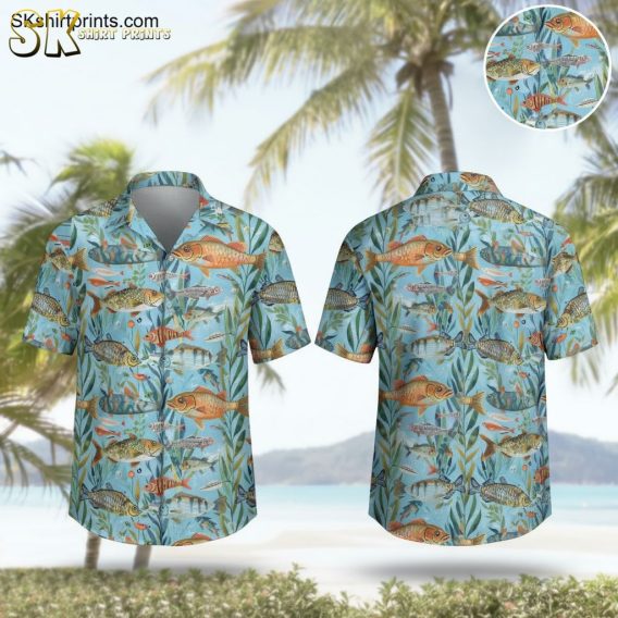 Fish Hawaiian shirt with colorful tropical fish print design on button up shirt