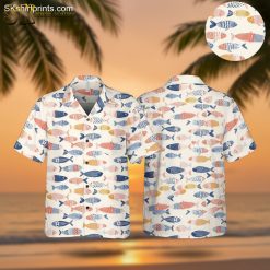 Fish pattern Hawaiian shirt featuring colorful tropical fish designs in blue, pink, yellow and orange with stripes and dots